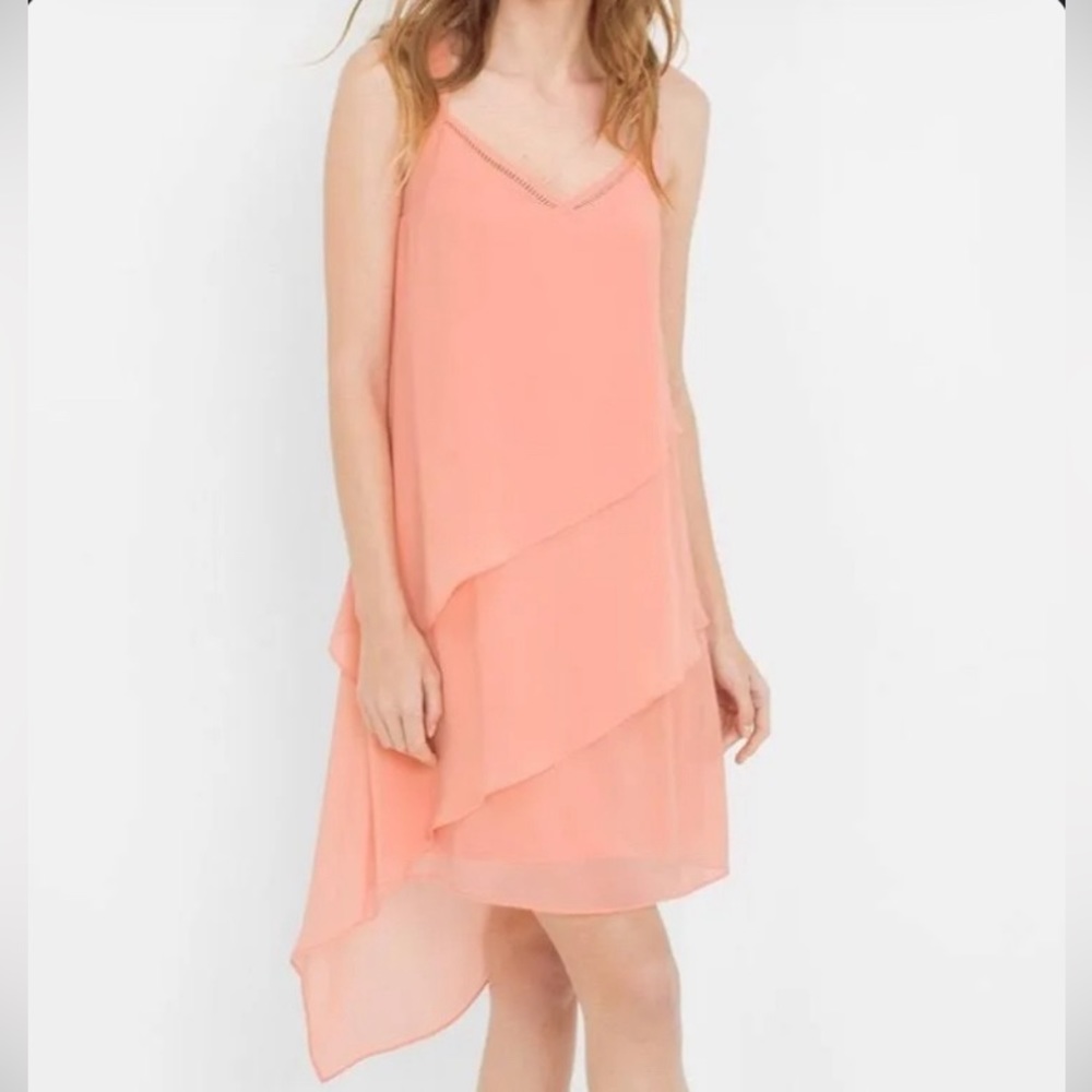 White House Black Market Asymmetric Tiered Romantic Dress in Peach Pink, Size 8